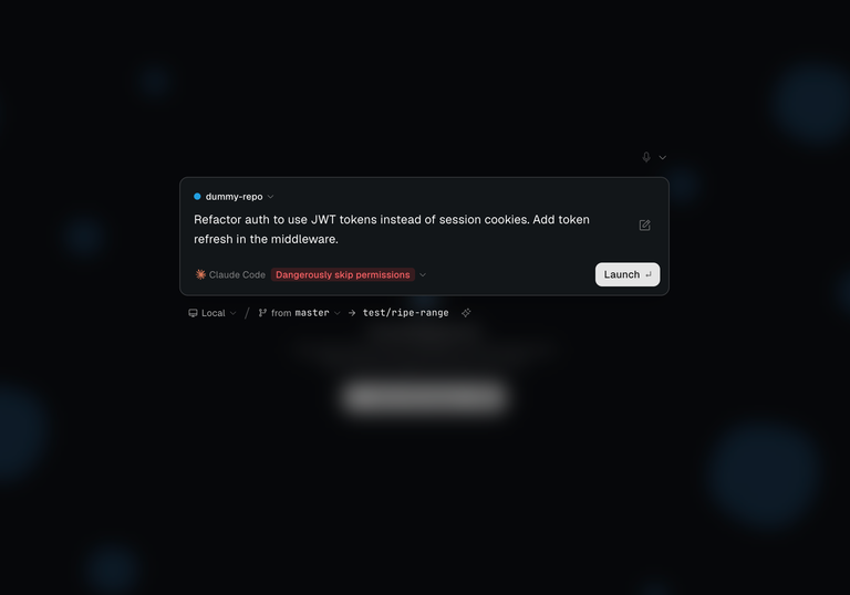 Komla new workspace dialog with task description, auto-generated branch name, and accept edits toggle