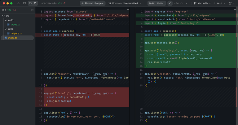 Komla diff viewer showing side-by-side code changes