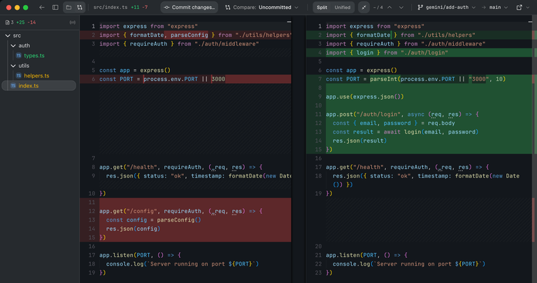 Komla diff viewer showing side-by-side code changes