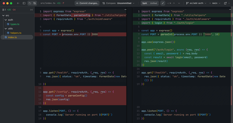 Komla diff viewer showing side-by-side code changes