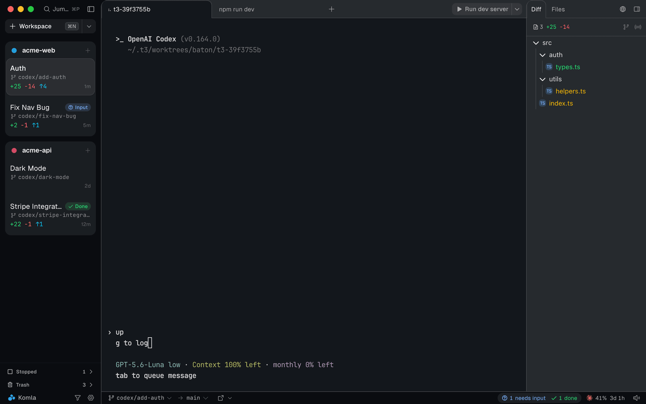 Komla app showing multiple Codex CLI instances