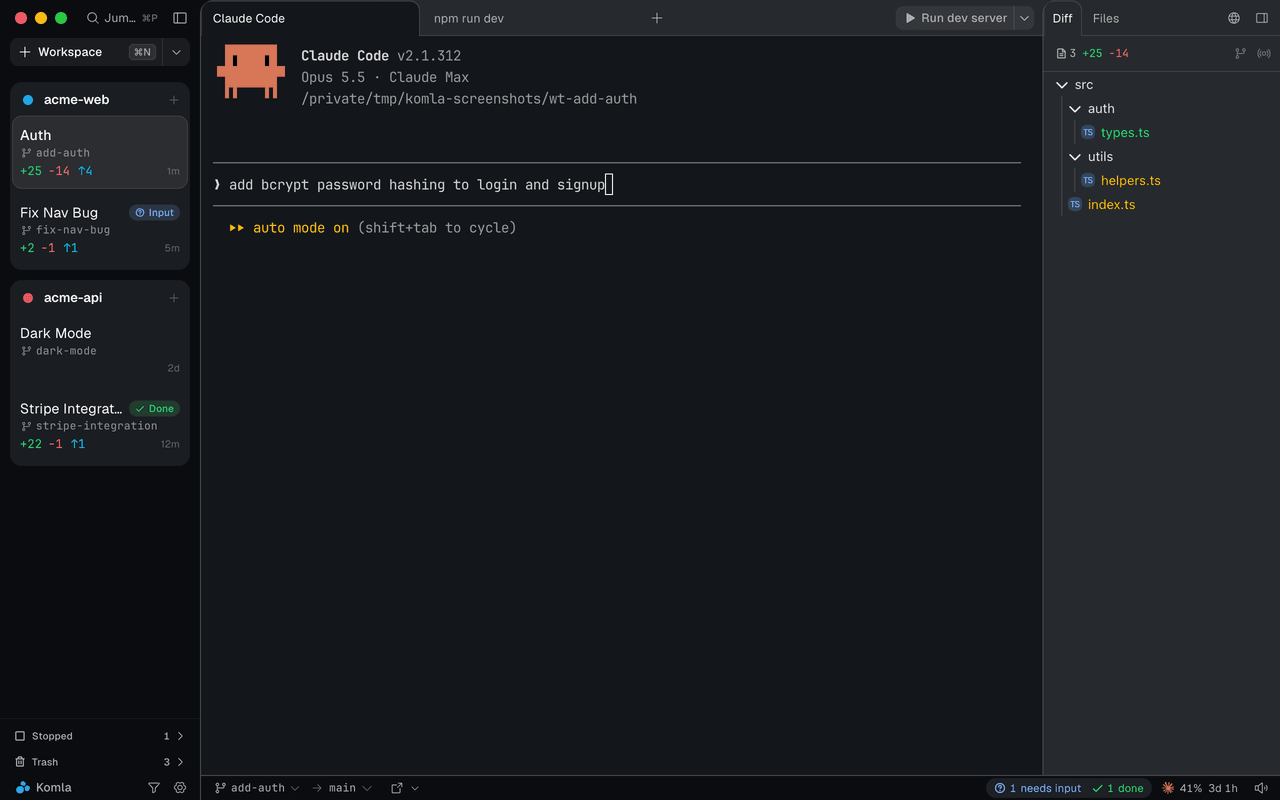 Komla app showing multiple CLI coding agents running in parallel