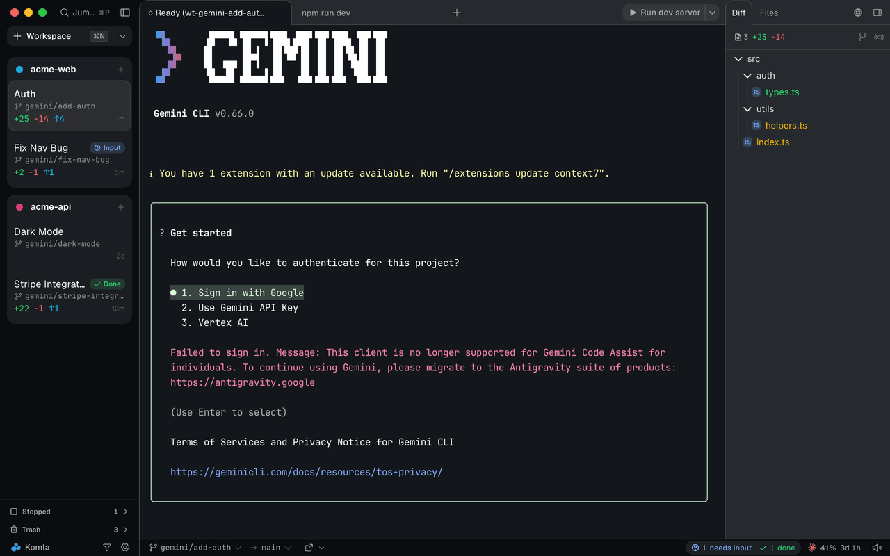 Komla app showing multiple Gemini CLI instances