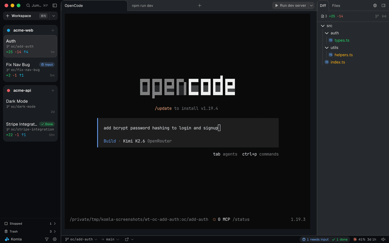 Komla app showing multiple OpenCode instances