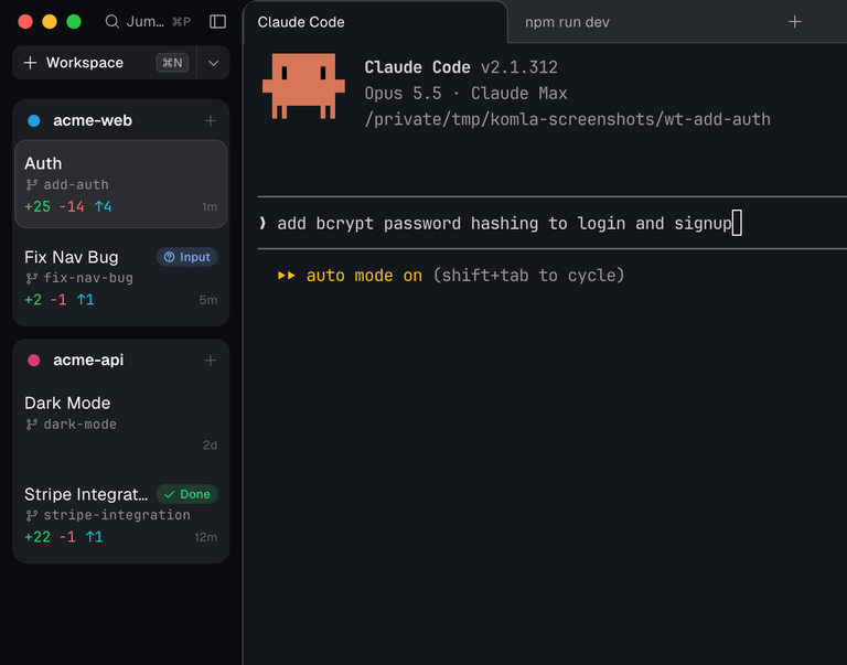 Komla workspace overview with project sidebar and workspace cards