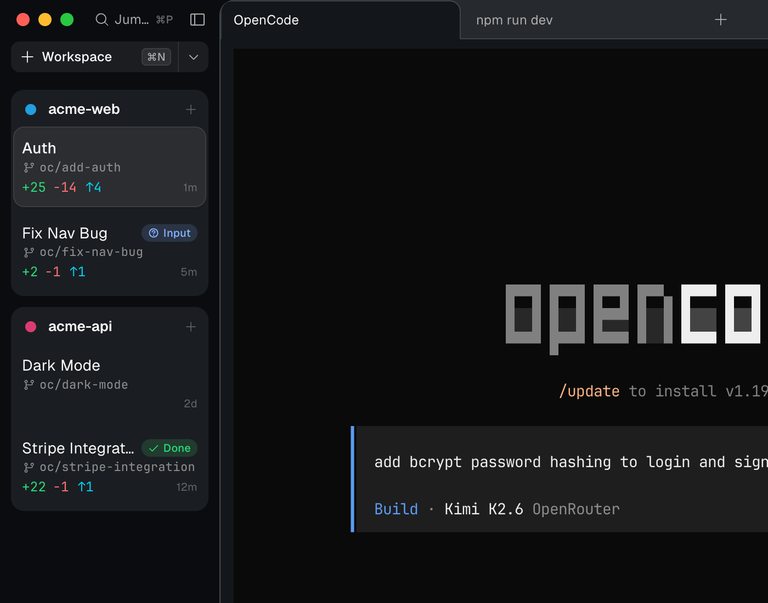 Komla workspace overview with project sidebar and workspace cards